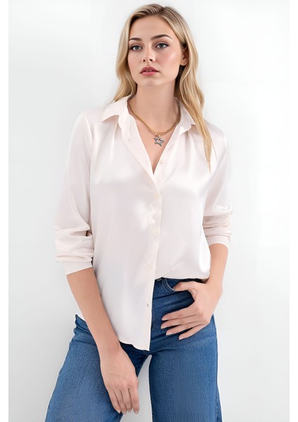 Kadın SBDART aten Kaplamalı Uzun Kollu Düğmeli Gömlek Krem Doğal
