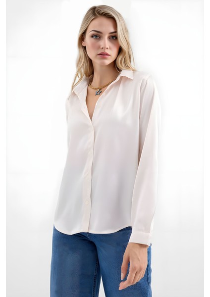 Kadın SBDART aten Kaplamalı Uzun Kollu Düğmeli Gömlek Krem Doğal