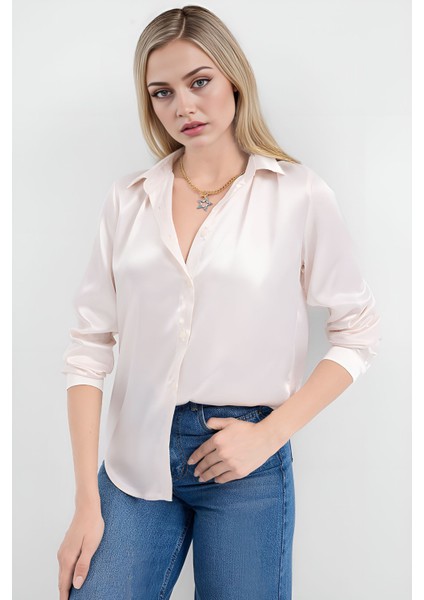 Kadın SBDART aten Kaplamalı Uzun Kollu Düğmeli Gömlek Krem Doğal