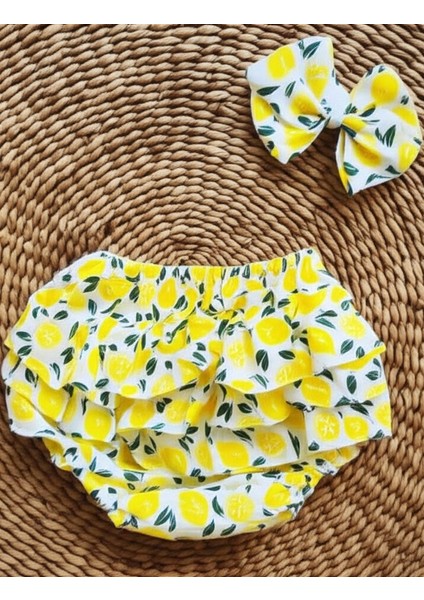Kız Bebek Desenli Fırfırlı Şort Etek - Bandana Takım Bebek Hediyelik