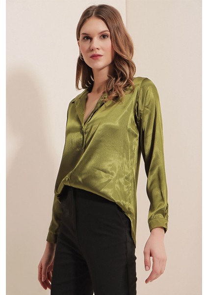 Kadın SBDART aten Kaplamalı Uzun Kollu Düğmeli Gömlek Haki Yeşil