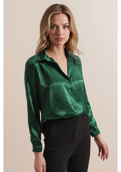Kadın SBDART aten Kaplamalı Uzun Kollu Düğmeli Gömlek Green