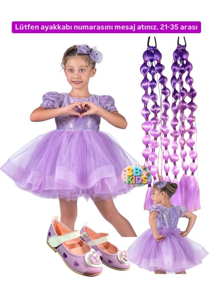Kuromi Mor Payetli Kabarık Elbise Gelinlik Kostüm + 2 Adet Mor Bubble Saç + Mor Babet Seti Doğumgünü