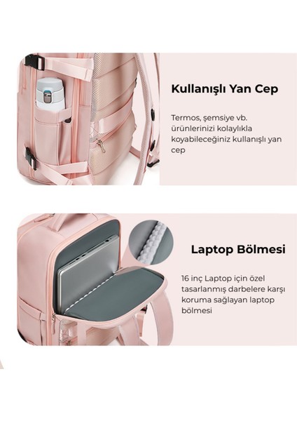 Su Geçirmez 16" Inç 39L Ayakkabı Bölmeli Seyahat Sırt Çantası - Laptop Bölmeli, USB Şarj Girişli modelleri