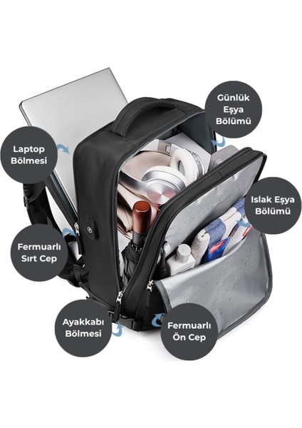 Su Geçirmez 16" Inç 30L Ayakkabı Bölmeli Seyahat Sırt Çantası - Laptop Bölmeli, USB Şarj Girişli modelleri