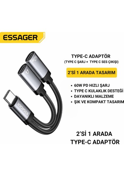 2in1 Type-C Adaptör | 60W Hızlı Şarj + Type C Kulaklık Çıkışı, Hifi Ses ve Hızlı Şarj Adaptörü