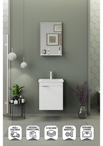 Arya Slım 50 Cm Banyo Dolabı,Seramik Lavabolu,Aynalı,Lavabo Dahil,Mdf,Mat Beyaz