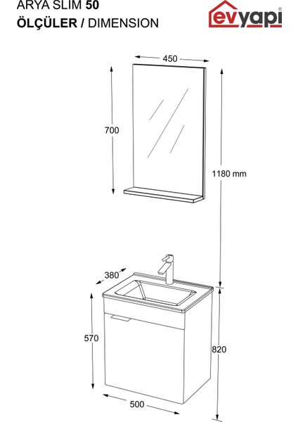 Arya Slım 50 Cm Banyo Dolabı,Seramik Lavabolu,Aynalı,Lavabo Dahil,Mdf,Mat Beyaz