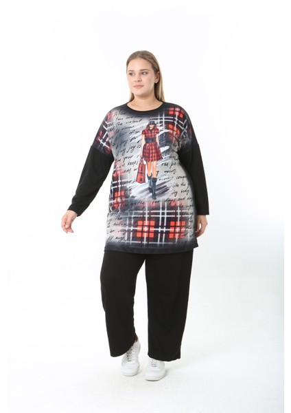 Yünlü Viskon Desenli Likralı Kadın Büyük Beden Tunik