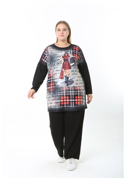 Yünlü Viskon Desenli Likralı Kadın Büyük Beden Tunik