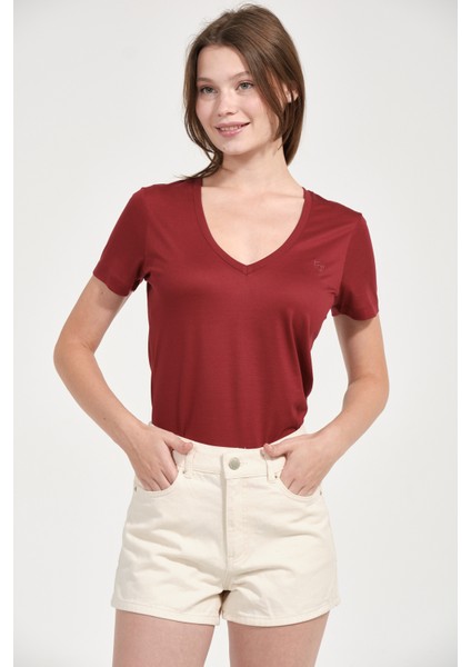 Kadın Regular Fit Tencel V Yaka Basic Tişört