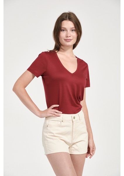 Kadın Regular Fit Tencel V Yaka Basic Tişört modelleri
