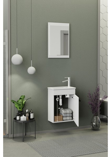 Fix Arya Mini 42 Cm Banyo Dolabı,Seramik Lavabolu,Aynalı,Lavabo Dahil,Mdf,Mat Beyaz fırsatları