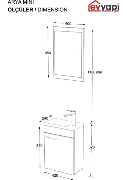 Fix Arya Mini 42 Cm Banyo Dolabı,Seramik Lavabolu,Aynalı,Lavabo Dahil,Mdf,Mat Beyaz