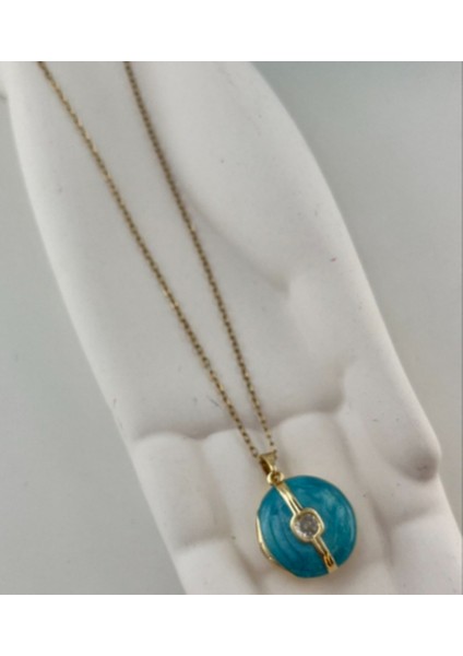 Madalyon Mavi Açılabilir Kapaklı Resim Koyulabilen Gold Kolye Paslanmaz Çelik