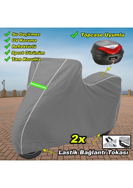 Reflektörlü Gri Dikişli Abush Speedy 110I Pro Arka Çanta Uyumlu Branda Motosiket Brandası Motor Örtüsü Çadır Su Geçirmez Motosiklet Kılıfı Motor Brandası