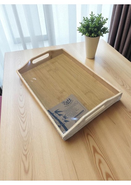 Bambu Servis ve Sunum Tepsisi – Saplı Dikdörtgen Ahşap Tepsi, Doğal Bambu, Kaymaz & Dayanıklı