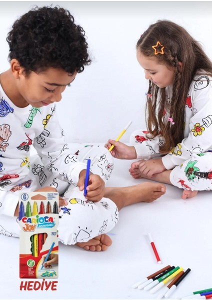 Unisex Boyanabilir Pijama Takımı %100 Pamuk + 6’lı Yıkanabilir Keçeli Kalem Hediyeli