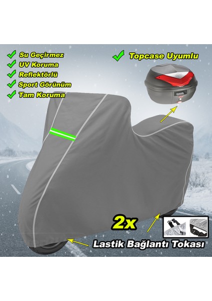 Reflektörlü Gri Dikişli Honda ADV350 Pro Arka Çanta Uyumlu Branda Motosiket Brandası Motor Örtüsü Çadır Su Geçirmez Motosiklet Kılıfı Motor Brandası modelleri