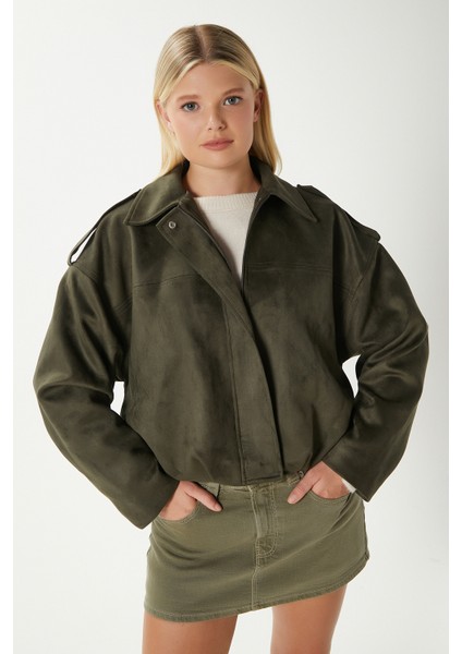 Kadın Rodney Süet Etkili Haki Bomber Ceket