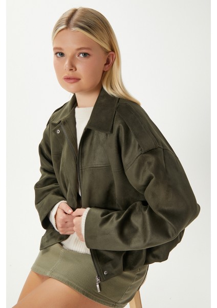 Kadın Rodney Süet Etkili Haki Bomber Ceket