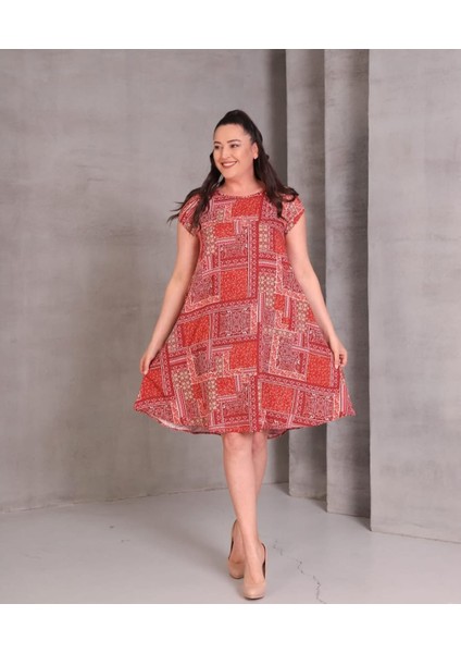 Kadın Büyük Beden Yuvarlak Yaka Etnik Desen Pamuk Elbise