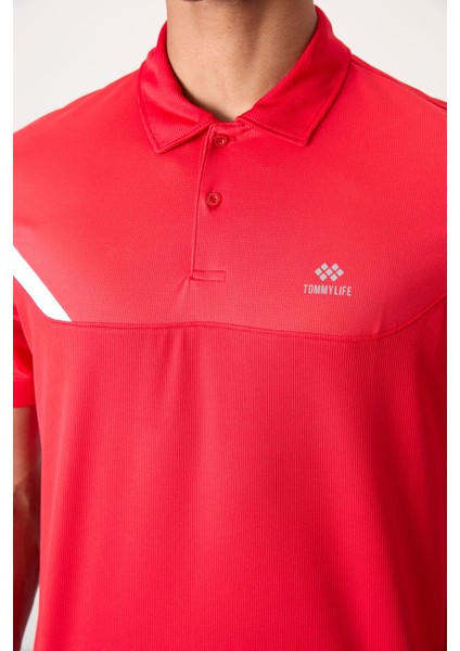 Kırmızı Polyester Nefes Alan Dokulu İnce Esnek Standart Fit Polo Yaka Erkek Performans T-Shirt - 88402