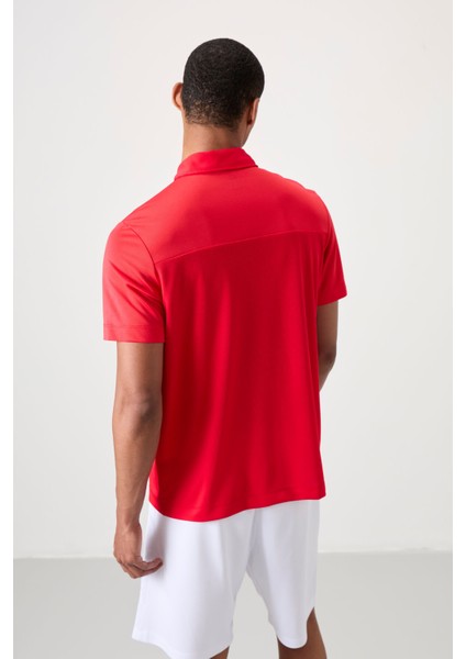 Kırmızı Polyester Nefes Alan Dokulu İnce Esnek Standart Fit Polo Yaka Erkek Performans T-Shirt - 88402
