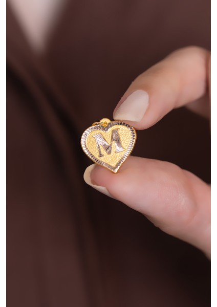 14 Ayar Altın Nostaljik Kalp M Harf Kolye Ucu