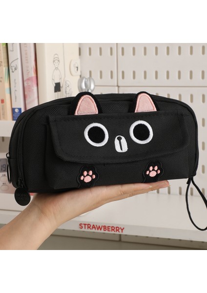 Sevimli Siyah Kedi Kalem Çantası Çok Fonksiyonlu Kalem Çantası Basit Nakış Büyük Kapasiteli Kalem Çantası (Yurt Dışından)