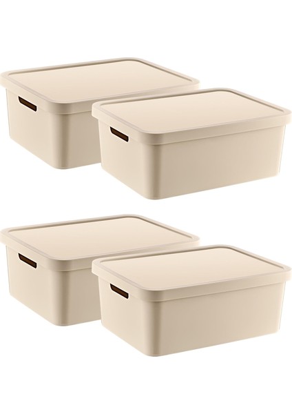 4'lü Set Stafi Çok Amaçlı Kapaklı Kutu Latte 12 Lt - Latte, Çok Amaçlı Kapaklı Kutu, Ev-Ofis-Depo Için, Kapaklı Saklama Kutusu