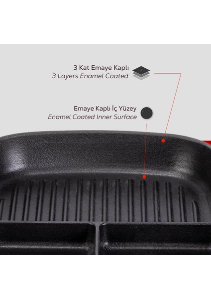 Çift Taraflı Döküm Tava 26 cm 3 Kat Emaye Kaplama Yekpare Saplı Grill Bölmeli Izgara