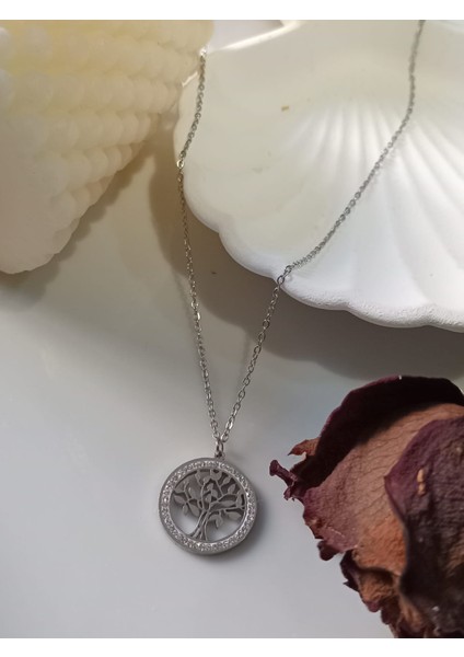 Yaşam Ağacı Kolye Gümüş Rengi Paslanmaz Çelik