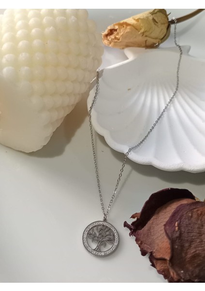 Yaşam Ağacı Kolye Gümüş Rengi Paslanmaz Çelik modelleri