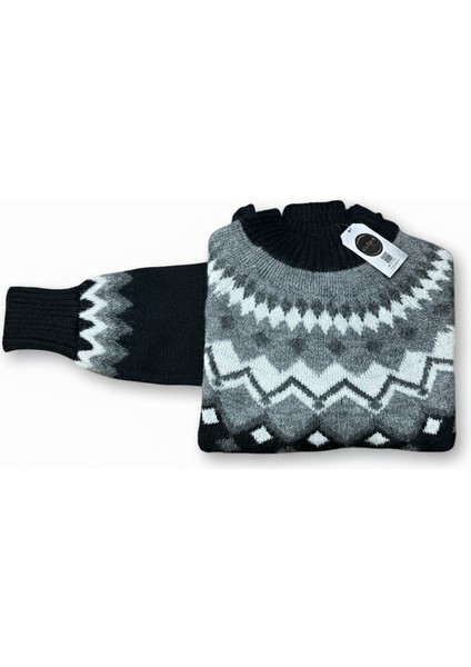 Kadın Triko Desenli Kazak Siyah -Gri modelleri