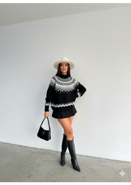 Kadın Triko Desenli Kazak Siyah -Gri fırsatları