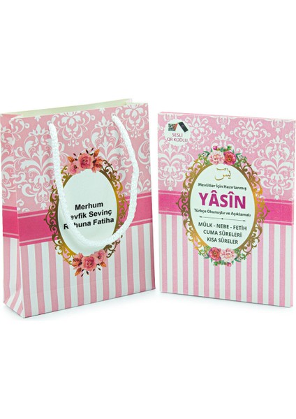 20 Adet Hediyelik Mevlüt Seti Isme Özel Etiketli Çantalı 80 Sayfa Yasin Kitabı - Pembe