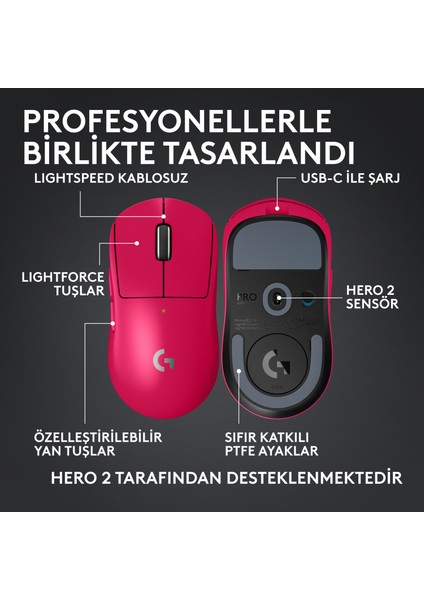 G Pro x Superlıght 2c Hafif Hero 2 Sensör 32.000 Dpı Lıghtspeed Kablosuz Oyuncu Mouse - Pembe