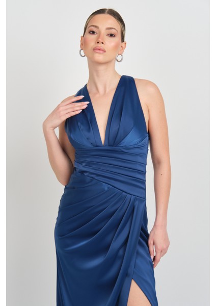 Kadın Derin V Yaka Beli Drapeli Maxi Boy Abiye Elbise 7084 K. Indigo modelleri