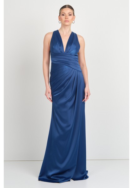 Kadın Derin V Yaka Beli Drapeli Maxi Boy Abiye Elbise 7084 K. Indigo fırsatları