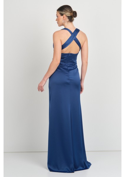 Kadın Derin V Yaka Beli Drapeli Maxi Boy Abiye Elbise 7084 K. Indigo indirimleri