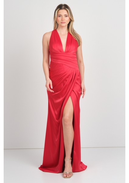 Kadın Derin V Yaka Beli Drapeli Maxi Boy Abiye Elbise 7084 Kırmızı