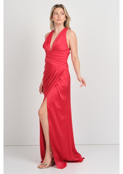 Kadın Derin V Yaka Beli Drapeli Maxi Boy Abiye Elbise 7084 Kırmızı fiyatları