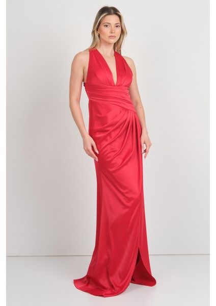 Kadın Derin V Yaka Beli Drapeli Maxi Boy Abiye Elbise 7084 Kırmızı modelleri