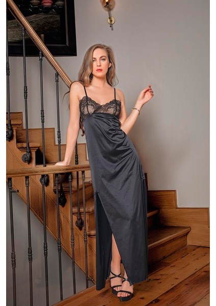 Dantelli Uzun Yırtmaçlı Saten Gecelik Elbise String Takım Siyah (MGP31512) fiyatları