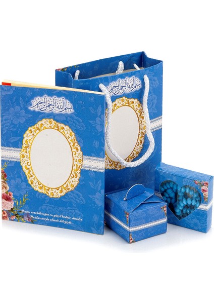 10 Adet Hediyelik 4'lü Mevlüt Seti Isme Özel Etiketli Çantalı, Tesbihli, Yasin Kitabı - Mavi