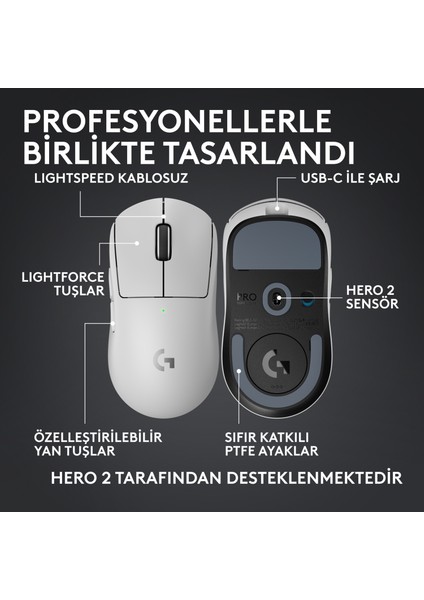 G Pro x Superlıght 2c Hafif Hero 2 Sensör 32.000 Dpı Lıghtspeed Kablosuz Oyuncu Mouse - Beyaz
