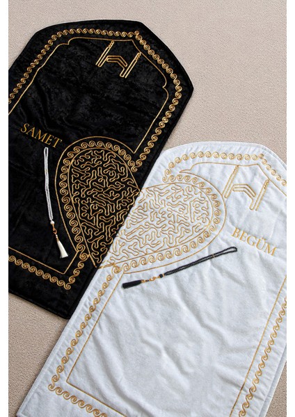 Kişiye Özel Isimli Eşli Çift Seccadesi Kadife Çeyizlik Kalpli Seccade Bohçalık Hediyelik Set