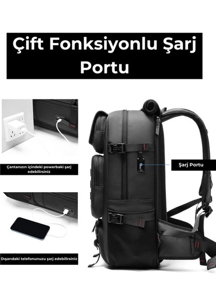 Su Geçirmez 17.3" Inç 60L Ayakkabı Bölmeli Seyahat Sırt Çantası - Laptop Bölmeli, USB Şarj Girişli fiyatları