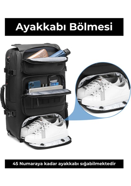 Su Geçirmez 17.3" Inç 60L Ayakkabı Bölmeli Seyahat Sırt Çantası - Laptop Bölmeli, USB Şarj Girişli fırsatları